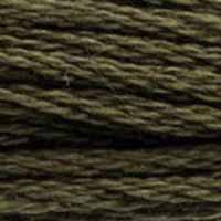 A close-up view of embroidery thread skeins, held taught horizontally. The shade is a dark greyish brown, like wet lichen on a fallen log