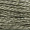 A close-up view of embroidery thread skeins, held taught horizontally. The shade is a medium dark brownish grey, like driftwood