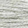 A close-up view of embroidery thread skeins, held taught horizontally. The shade is a light grey with just a touch of brown, like old silver