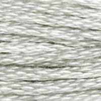 A close-up view of embroidery thread skeins, held taught horizontally. The shade is a light grey with just a touch of brown, like old silver