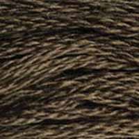 A close-up view of embroidery thread skeins, held taught horizontally. The shade is a deep dark brown that borders on black, like old tree bark