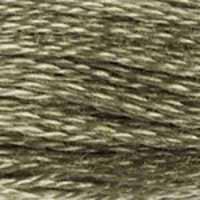 A close-up view of embroidery thread skeins, held taught horizontally. The shade is a Medium A medium desaturated brownish green, like a swamp