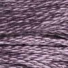 A close-up view of embroidery thread skeins, held taught horizontally. The shade is a very pretty medium dark true purple, like concord grape juice