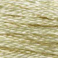 A close-up view of embroidery thread skeins, held taught horizontally. The shade is a light golden yellow, like corn silk