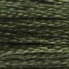 A close-up view of embroidery thread skeins, held taught horizontally. The shade is a dark grey with dark green undertones, like swamp-water