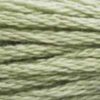 A close-up view of embroidery thread skeins, held taught horizontally. The shade is a medium light grey with green undertones, like sun-bleached lichen