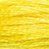 A close-up view of embroidery thread skeins, held taught horizontally. The shade is a bright cheery medium lemon shade of yellow, like a lemon meringue pie.