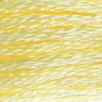 A close-up view of embroidery thread skeins, held taught horizontally. The shade is a soft, creamy pale yellow, like lemon meringue cream pie