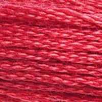 A close-up view of embroidery thread skeins, held taught horizontally. The shade is a lovely medium dark shade of deep pink or light rose red, like a ripe sour cherry.