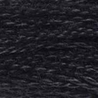 A close-up view of embroidery thread skeins, held taught horizontally. The shade is a full-saturation solid black, like fancy limo.