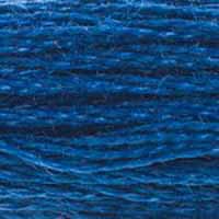 A close-up view of embroidery thread skeins, held taught horizontally. The shade is a very pretty medium dark blue similar to Royal Blue, like the body of a peacock.