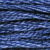 A close-up view of embroidery thread skeins, held taught horizontally. The shade is a very pretty medium blue, like the afternoon sky coming into evening.