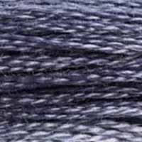 A close-up view of embroidery thread skeins, held taught horizontally. The shade is a dark steely grey with purple-blue undertones, like a bullet in the dark.