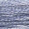 A close-up view of embroidery thread skeins, held taught horizontally. The shade is a medium light grey with hints of blue