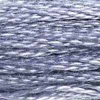 A close-up view of embroidery thread skeins, held taught horizontally. The shade is a medium light grey with hints of blue