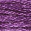 A close-up view of embroidery thread skeins, held taught horizontally. The shade is a pretty medium true purple shade, like grape juice or grape-flavoured candy.
