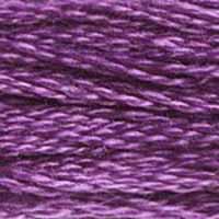 A close-up view of embroidery thread skeins, held taught horizontally. The shade is a pretty medium true purple shade, like grape juice or grape-flavoured candy.