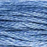 A close-up view of embroidery thread skeins, held taught horizontally. The shade is a medium light blue in the Baby Blue family, like blue raspberry ice cream.