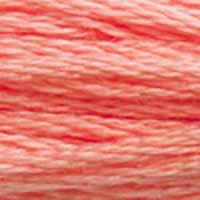 A close-up view of embroidery thread skeins, held taught horizontally. The shade is a pretty bright medium salmon with orange-pinkish undertones