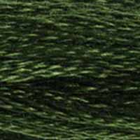 A close-up view of embroidery thread skeins, held taught horizontally. The shade is a dark green like a mossy forest in evening