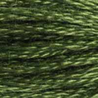 A close-up view of embroidery thread skeins, held taught horizontally. The shade is a beautiful dark olive green in jewel tones
