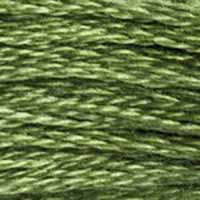 A close-up view of embroidery thread skeins, held taught horizontally. The shade is a beautiful medium dark true green, like a sour grape