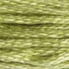 A close-up view of embroidery thread skeins, held taught horizontally. The shade is a lovely pale olive green with yellowish undertones