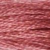 A close-up view of embroidery thread skeins, held taught horizontally. The shade is a medium dusty rose, very pretty, like rosehips in fall.