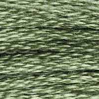 A close-up view of embroidery thread skeins, held taught horizontally. The shade is a medium dark green with greyish overtones