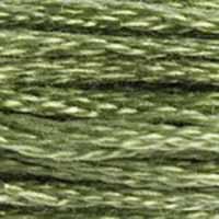 A close-up view of embroidery thread skeins, held taught horizontally. The shade is a medium dark green with slight greyish overtones