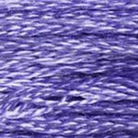 A close-up view of embroidery thread skeins, held taught horizontally. The shade is a medium light shade of bluish purple, like a stalk of English lavender.
