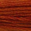 A close-up view of embroidery thread skeins, held taught horizontally. The shade is a dark brick red with a hint of orangey brown undertone, like a cracked clay desert after the yearly rain.