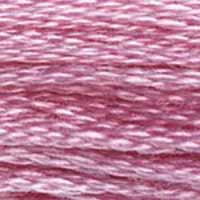 A close-up view of embroidery thread skeins, held taught horizontally. The shade is a pretty light pinkish purple
