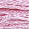 A close-up view of embroidery thread skeins, held taught horizontally. The shade is a very light pink with purplish tones