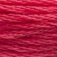 A close-up view of embroidery thread skeins, held taught horizontally. The shade is a pretty light red just like a seedless watermelon