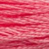 A close-up view of embroidery thread skeins, held taught horizontally. The shade is a pretty medium pink close to the colour of a seedless watermelon