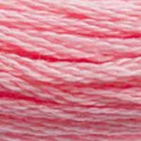 A close-up view of embroidery thread skeins, held taught horizontally. The shade is a pretty light pink in the same family as the colour of a seedless watermelon but lighter