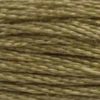 A close-up view of embroidery thread skeins, held taught horizontally. The shade is a medium dark shade of brownish green, like a field dried up for fall.