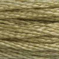 A close-up view of embroidery thread skeins, held taught horizontally. The shade is a light shade of brownish green, like homemade Dijon.