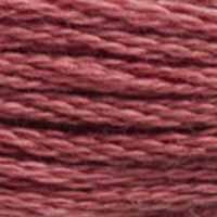 A close-up view of embroidery thread skeins, held taught horizontally. The shade is a medium dusty rose with a hint of burgundy