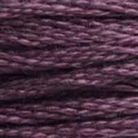 A close-up view of embroidery thread skeins, held taught horizontally. The shade is a dark true purple with a hint of dust