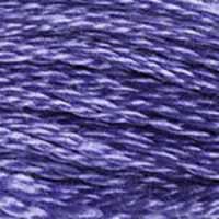 A close-up view of embroidery thread skeins, held taught horizontally. The shade is a purple? Or blue? It's a medium dark bluish purple, like a periwinkle