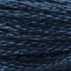 A close-up view of embroidery thread skeins, held taught horizontally. The shade is a dark blue between navy and indigo