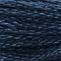 A close-up view of embroidery thread skeins, held taught horizontally. The shade is a dark blue between navy and indigo