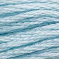 A close-up view of embroidery thread skeins, held taught horizontally. The shade is a beautiful light blue of a high summer sky