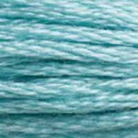 A close-up view of embroidery thread skeins, held taught horizontally. The shade is a lovely light blue with just a hint of green