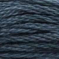 A close-up view of embroidery thread skeins, held taught horizontally. The shade is a dark steely grey with a hint of indigo