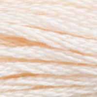A close-up view of embroidery thread skeins, held taught horizontally. The shade is a very light peachy pink, almost off-white