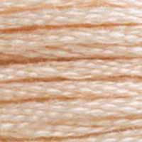 A close-up view of embroidery thread skeins, held taught horizontally. The shade is a light orangey pink with a hint of tan