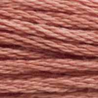 A close-up view of embroidery thread skeins, held taught horizontally. The shade is a medium dark dusty rose pink or brownish pink